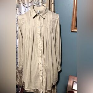 Lapis Cream Beige Pin Tuck Button-Up Tunic Long Sleeve Blouse L
